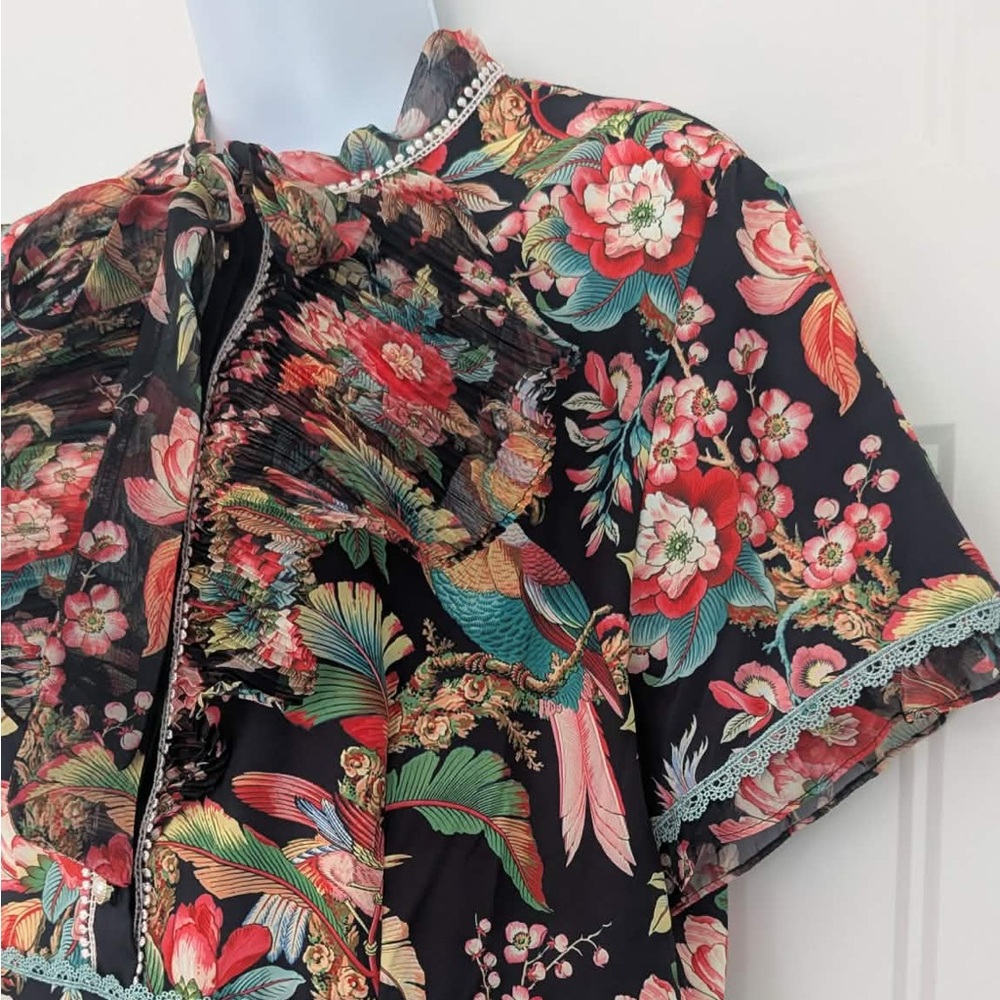 Dalia MacPhee Floral Dress XL Pleated Tie Neck Boho Romantic - Picture 3 of 13